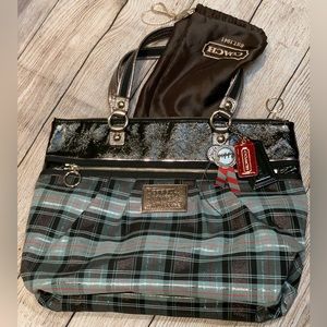 Coach Poppy Blue Striped Large Shoulder Bag- Authentic